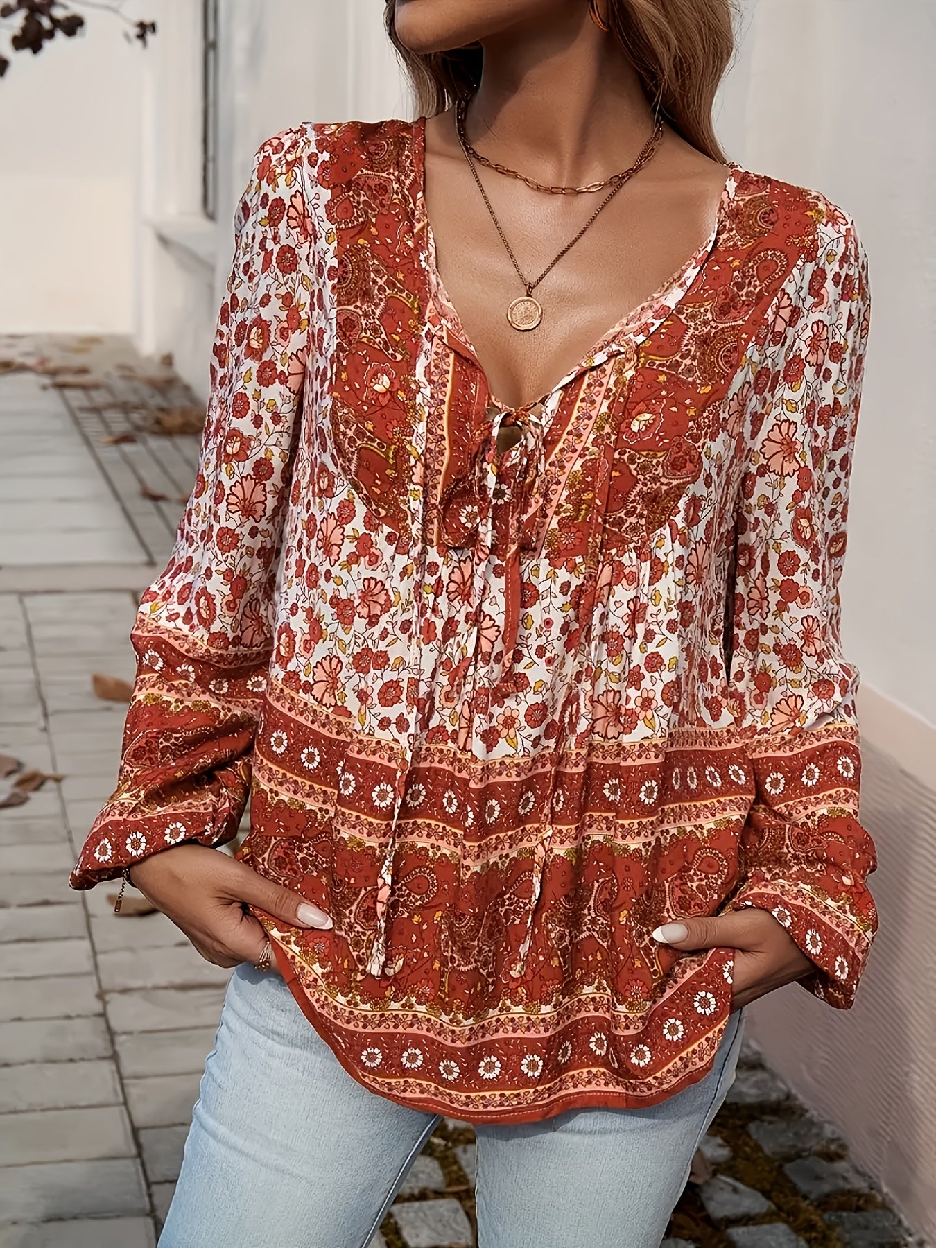ZAFUL Bohemian Floral Print Shirt - Women'S Loose V-Neck Long Sleeve Blouse - Lightweight Beach Cover Up & Casual Summer Top