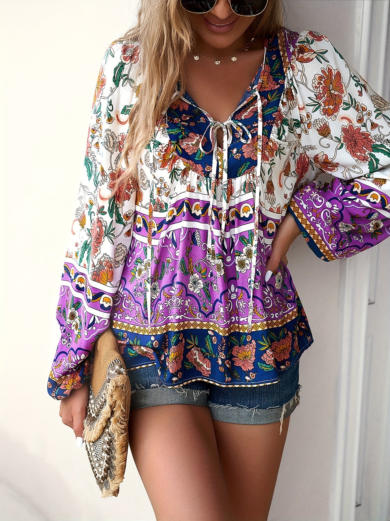 Boho Chic Floral V-Neck Blouse with Tie Detail - Long Sleeve, Casual Resort Wear for Women, Temperament, Fringed Shirt, Leisure Style, ALL/Global/All