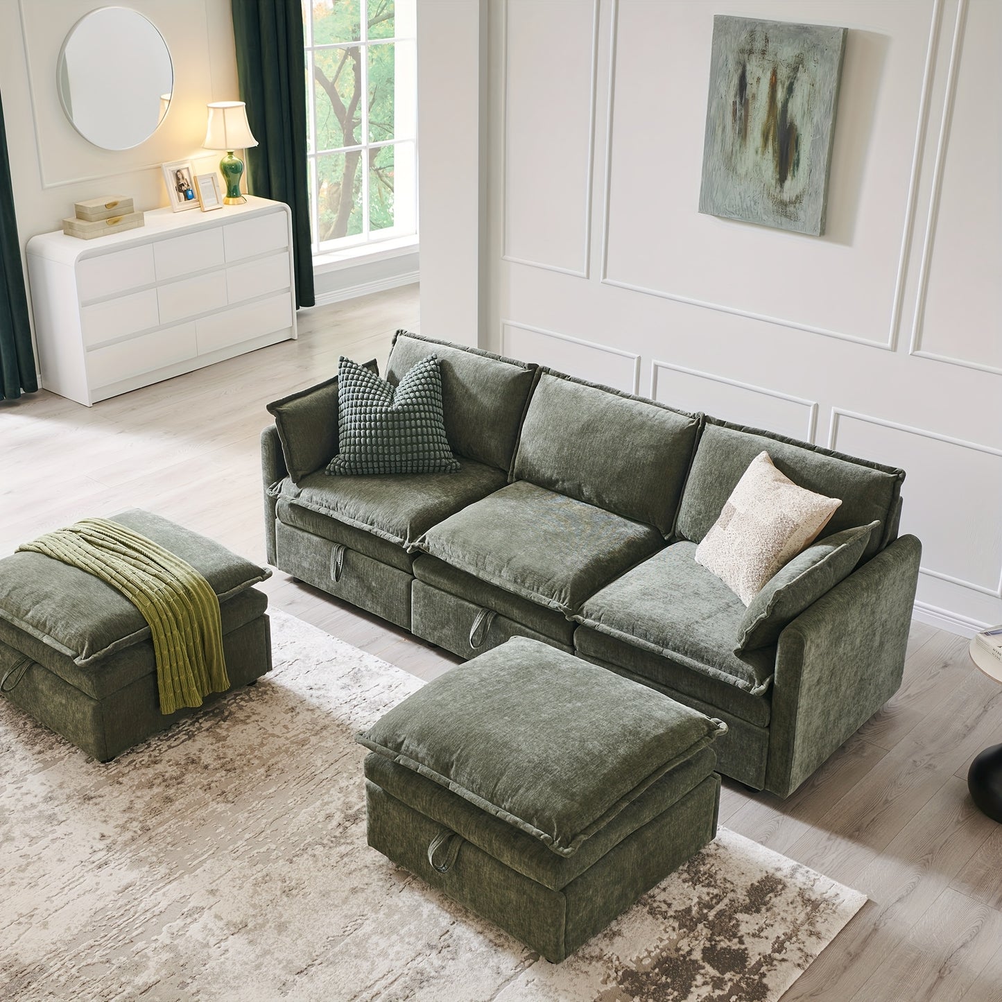 Modern Cloud Sectional Sofa, U-Shape 3 Seater Modular Sofa with Ottoman, Chenille Sofa with Deep Seat & Pillow for Living Room, Bedroom