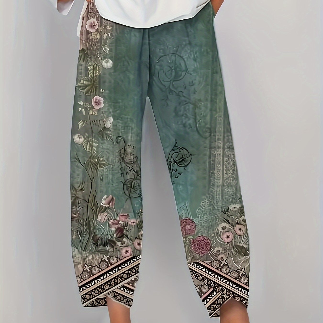 Women'S Retro Floral Capri Pants with Elastic Waistband & Pockets - Loose Fit Fabric, Beige with Black Floral Design, Perfect for Spring/Summer/Fall, Casual Wear Pants | Relaxed Fit Pants | Construction, Ladies Pants