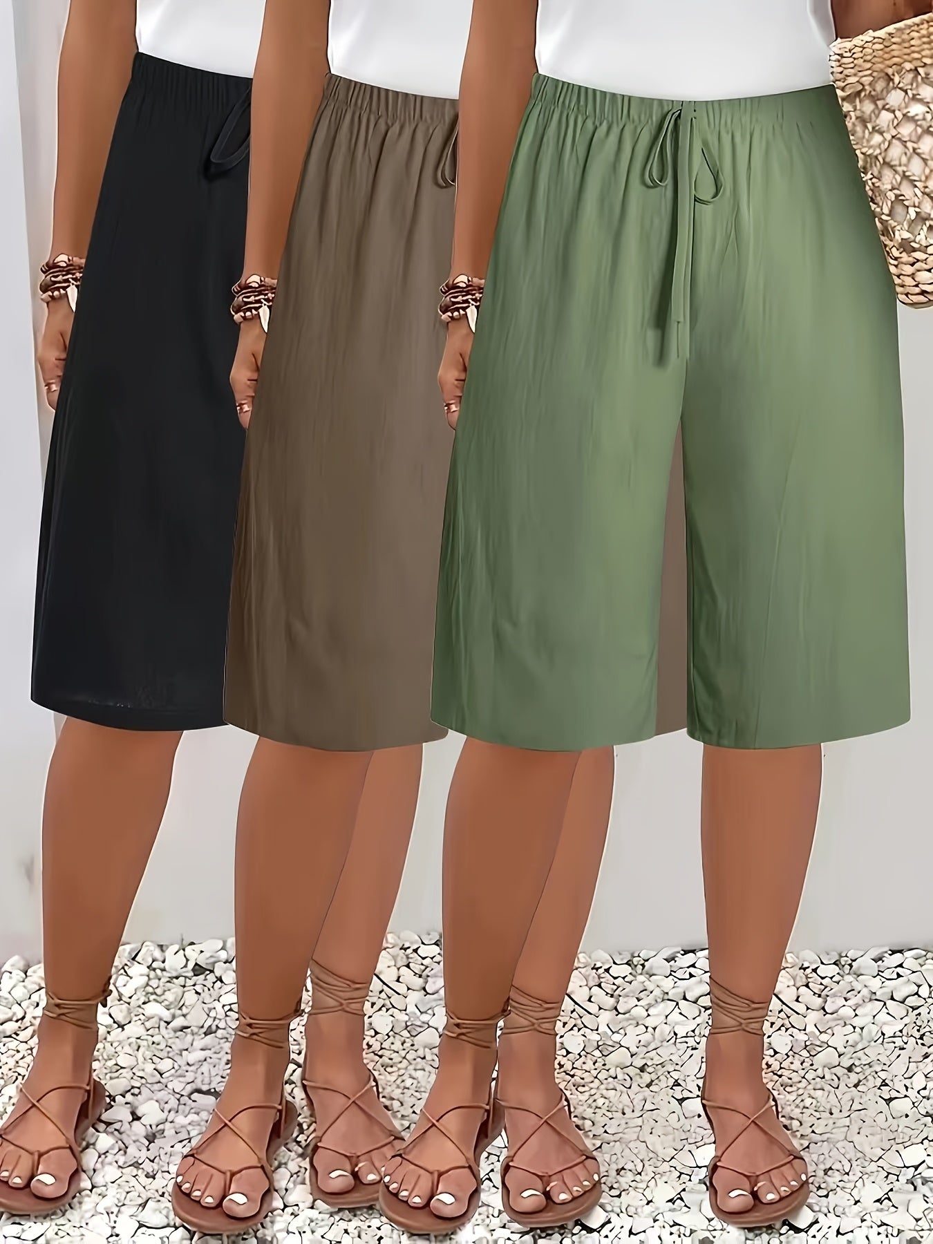 [High-Waisted Shorts] 3pcs High-Waisted Wide-Leg Shorts | Women's Casual Mid-Thigh Length Non-Stretch Fabric, Solid Colors - Machine Washable