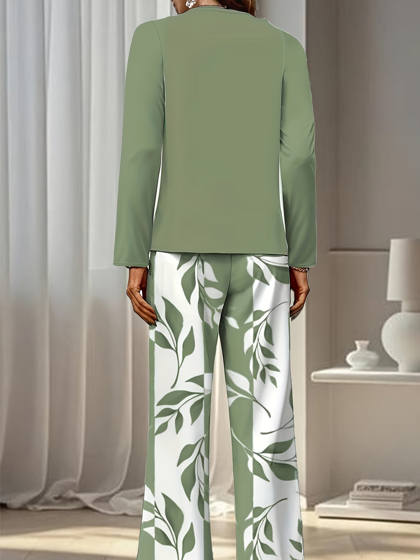 New Development: Plant Striped Printed Square Collar Double-layer Design, Long Sleeved Top, Straight Leg Pants Two-piece Set, Casual And Comfortable Long Sleeved Suit