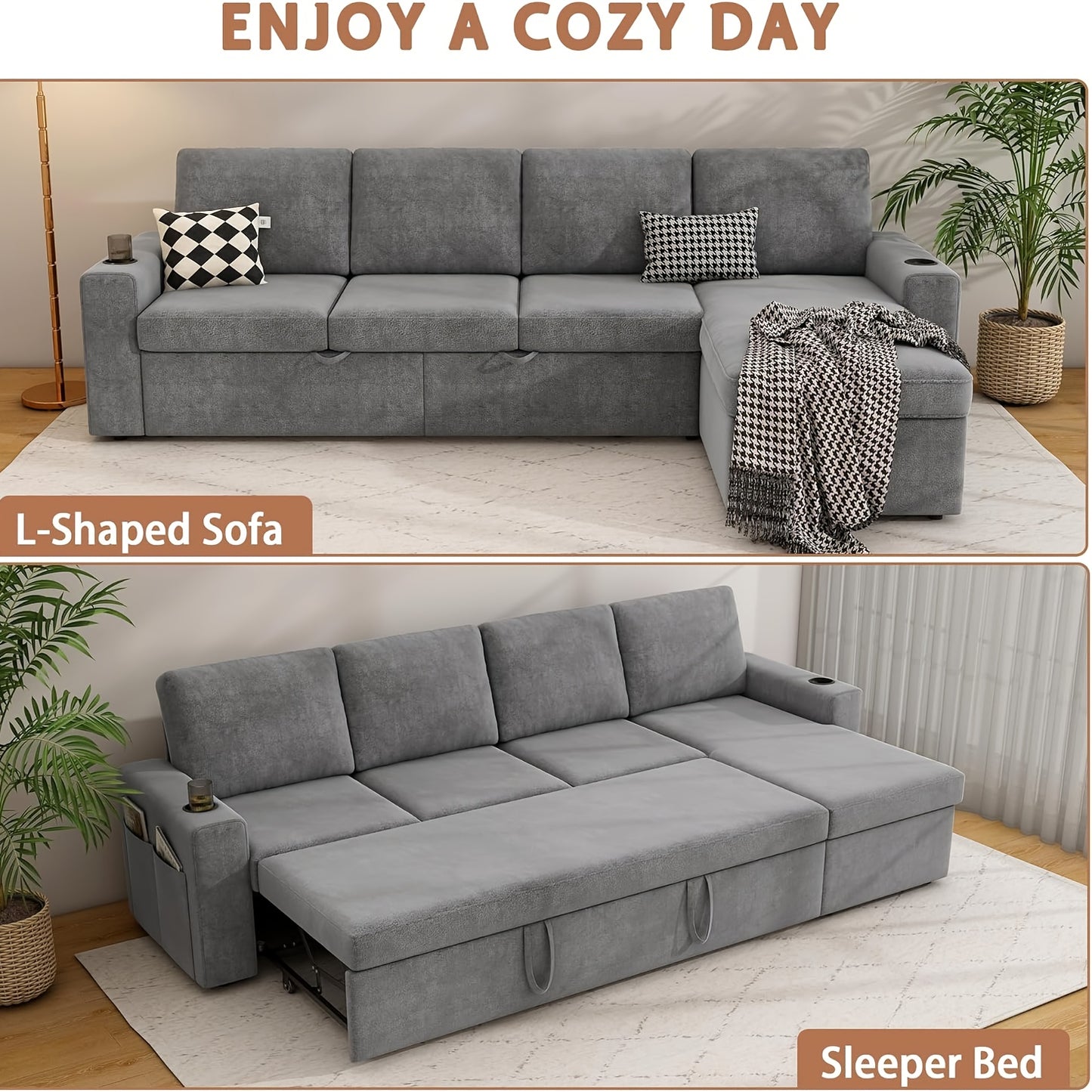 103" Extra Large L-Shaped Sectional Sleeper Sofa Bed with Storage Chaise - Convertible Pull-Out Couch, Cup Holders, Space-Saving Sleeper Sofa for Living Room, Apartment, Guest Room - Modern Sectional Furniture in Neutral Grey