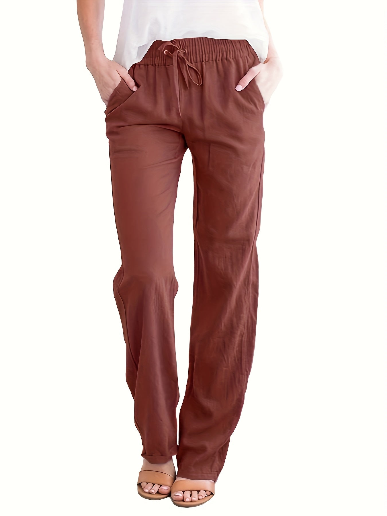 Women's Casual Solid Color Trousers with Pockets & Adjustable Drawstring Waist - Loose Fit Lightweight Pants for Spring Summer Fall, Machine Washable for Daily Commuting & Casual Outings, Flexible Clothing, Stylish Simplicity