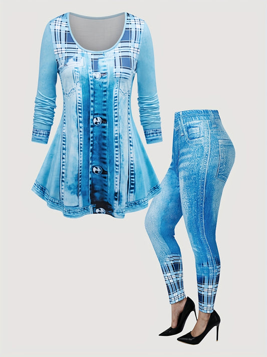 Casual Imitation Denim Print Two-piece, Short Sleeve Crew Neck T-shirt & Leggings Outfits, Women'S Clothing
