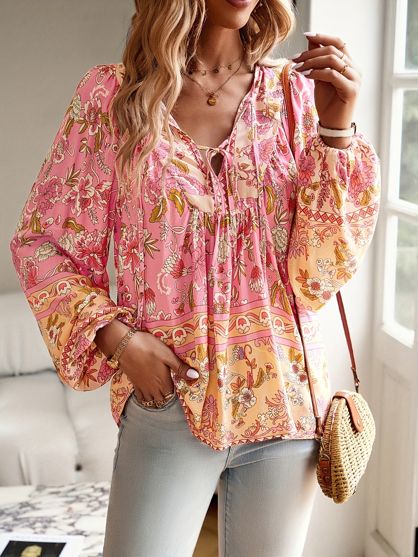 Plus Size - ZAFUL Summer Loose Plus Size Women'S Clothing, Fashionable Temperament Vacation Casual Bohemian Flower Printed Shirt Top, Fashionable V-neck Printed Long Sleeved Lace Up Tassel Plus Size Shirt, Summer Thin Loose C