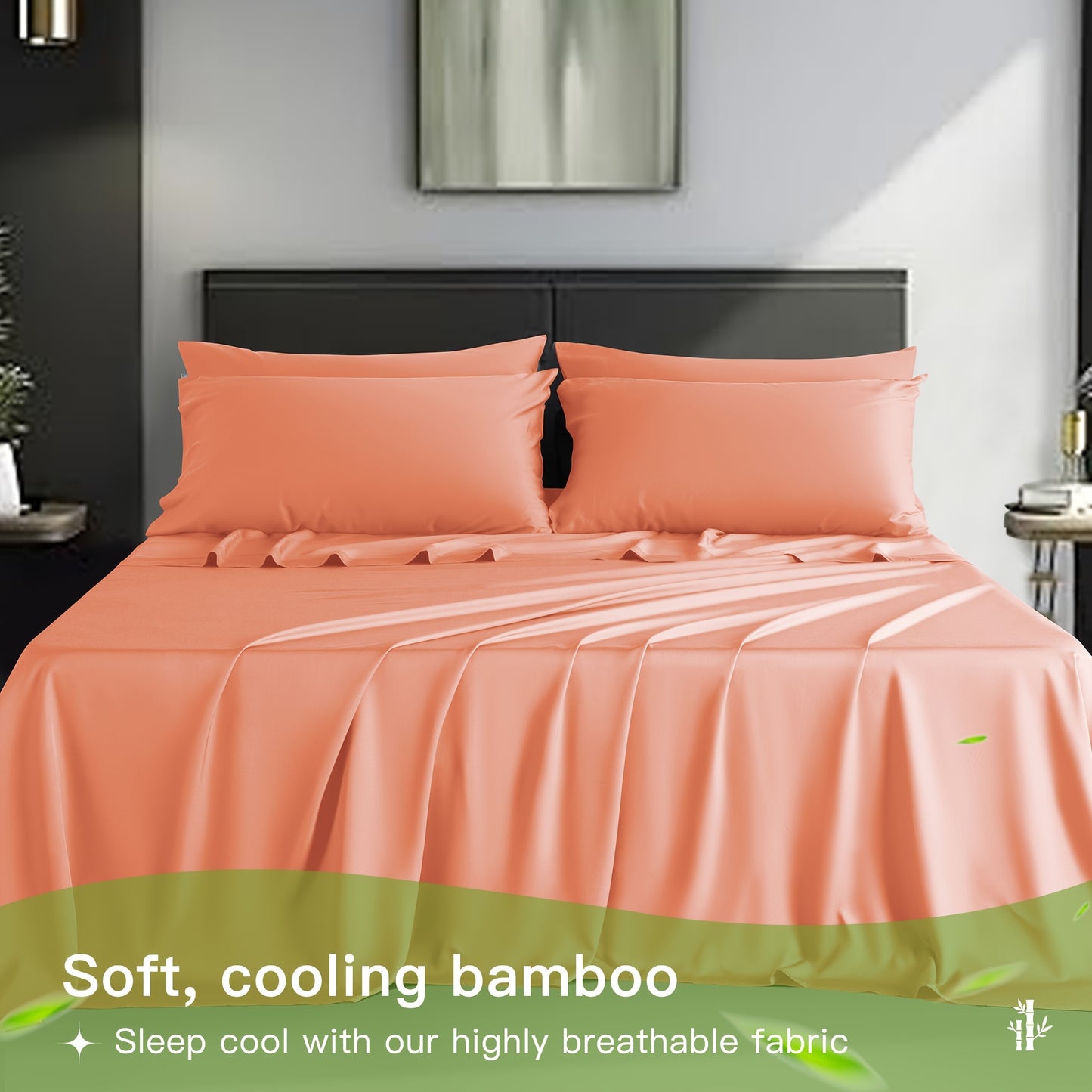LBRO2M 4/6pcs Bamboo Bed Sheets Set, Luxury Silky Breathable Sheet Set, Ultra Soft Sheet for Hot Sleepers, 16" Deep Pocket, California King/King/Queen/Full