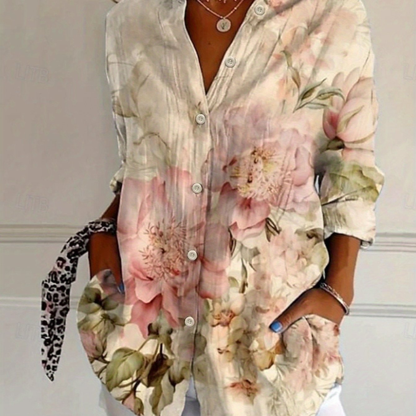 Women'S Long Sleeve Button-Up Shirt - Elegant Floral Blouse with Button Front Placket, Soft Pastel Floral Print in Pink/White/Gray/ - Office, Everyday & Formal Tops - Fall/Winter Women'S Clothing - Easy-Care Button-Up Blouse,