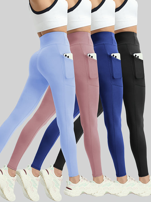 4pcs Women'S Plus Size High Waist Tummy Control Yoga Leggings with Pockets - Stretchy, Non-See-Through Workout Pants in White, Pink, Maroon, Black - Perfect for Gym, Fitness & Casual Wear, Yoga Pants