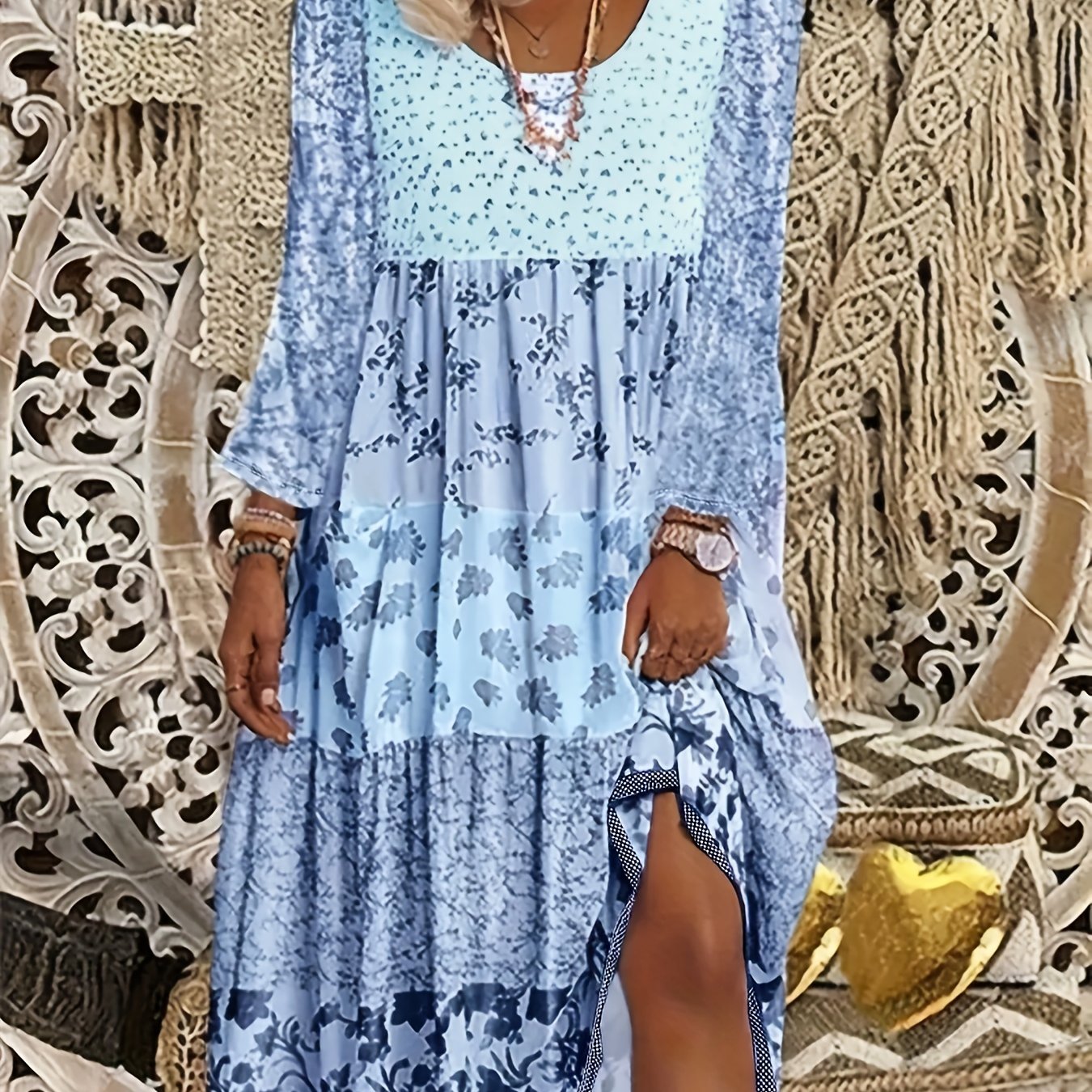 1pc Women'S Floral Print Polyester Blend Maxi Dress - Blue & White Small Flower Pattern, Round Neck, Straight Cut, Machine Washable, Perfect For Autumn/Winter Vacations And Casual Outings, Floral Dressm, Attire For The Women'
