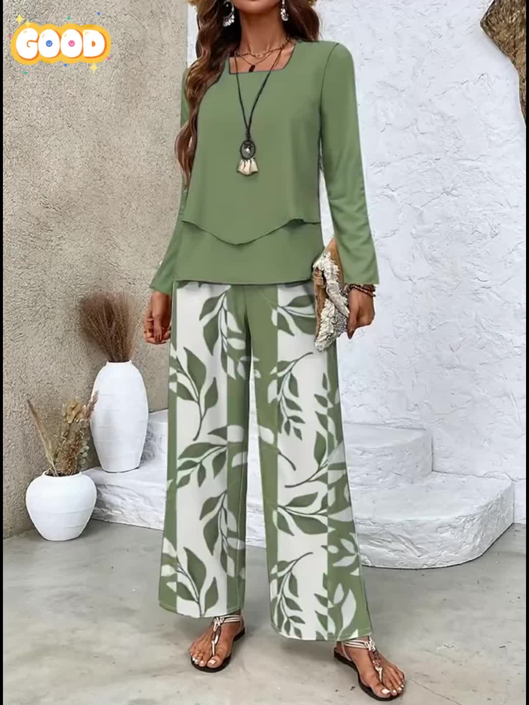 New Development: Plant Striped Printed Square Collar Double-layer Design, Long Sleeved Top, Straight Leg Pants Two-piece Set, Casual And Comfortable Long Sleeved Suit
