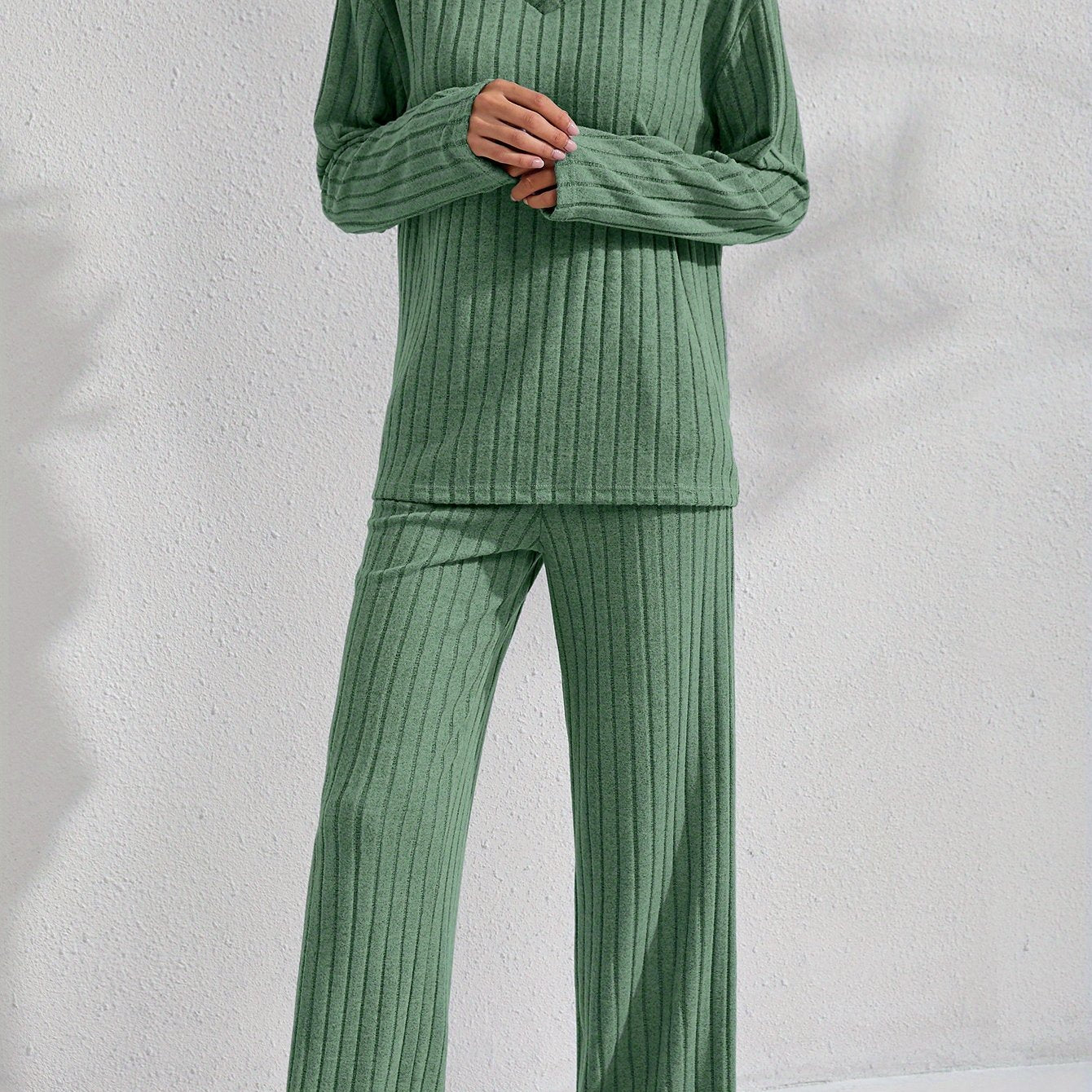 V-Neck Long Sleeve Top & Straight Leg Pants, Olive Green, Comfortable Polyester Blend for Casual Attire, Versatile Clothing|Ribbed Texture Design|Polyester Blend Set, Ribbed Knit Clothing