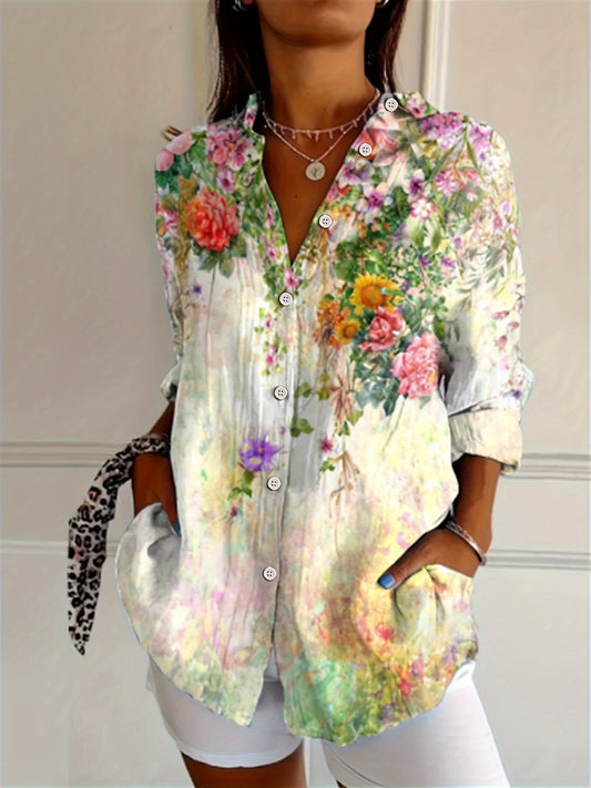 [Floral 3D Print Blouse] Vibrant Floral 3D Print Women's V-Neck Long Sleeve Blouse | Casual All-Season Geometric Pattern Shirt with Button Details, Rose and Hydrangea Design
