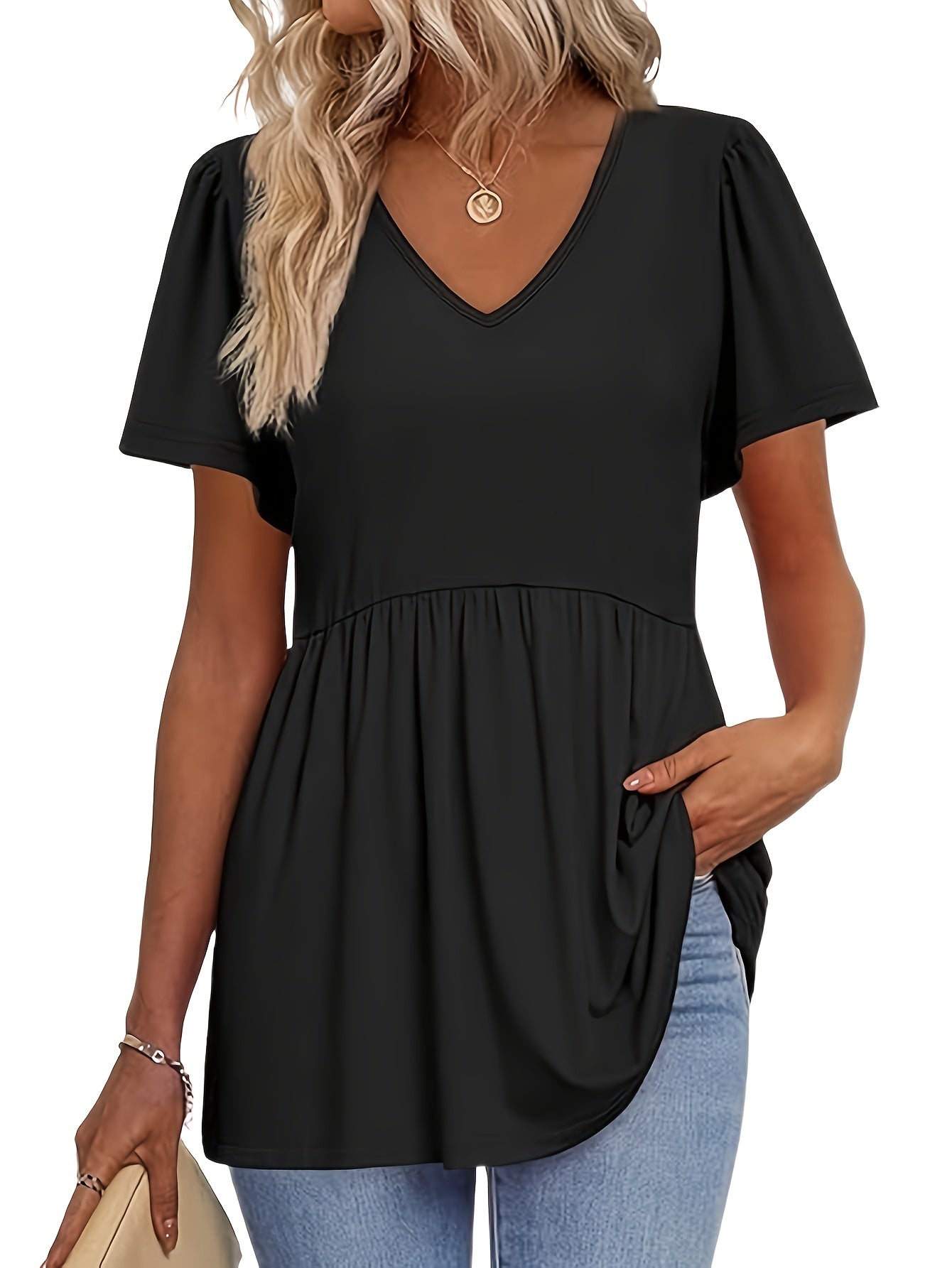 [Summer T-Shirts] 3pcs Lightweight Women's Summer V-Neck T-Shirts | Casual Short Sleeve Ruffle Hem Tee, Solid Color Polyester Blend Fabric for Daily & Party Wear