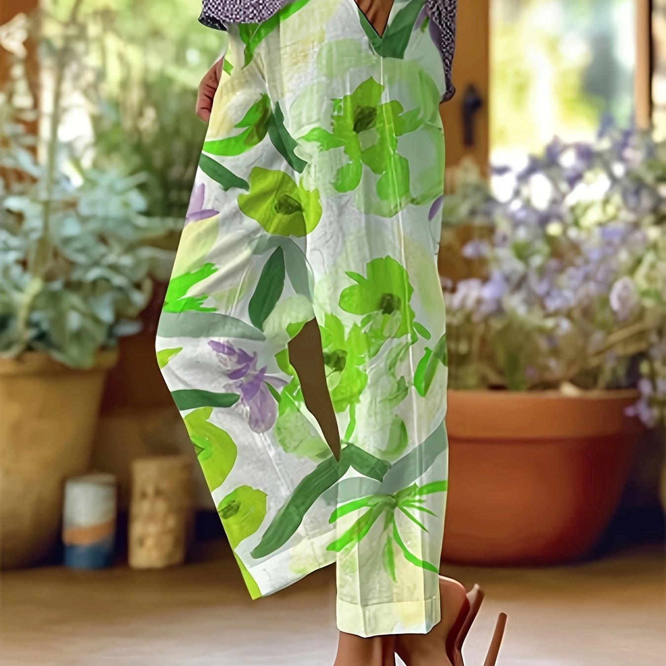 Women's Elegant Floral Print Straight-Leg Casual Pants with Pockets - Machine Washable Non-Stretch Fabric, All-Season Versatile Trousers for Casual Attire & Leisure Activities, Relaxed Activity Trousers, No Stretch Fabric
