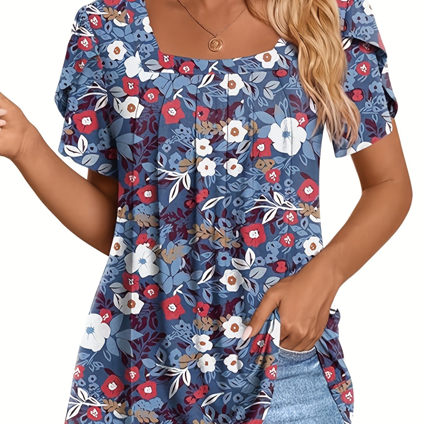 [Soft Polyester T-Shirt] Soft Polyester Women's Elegant Casual Short Sleeve T-Shirt | Square Neck Top with Chest Ruching & Floral Print Petal Sleeves, Relaxed Fit Machine Washable Spring Summer Blouse