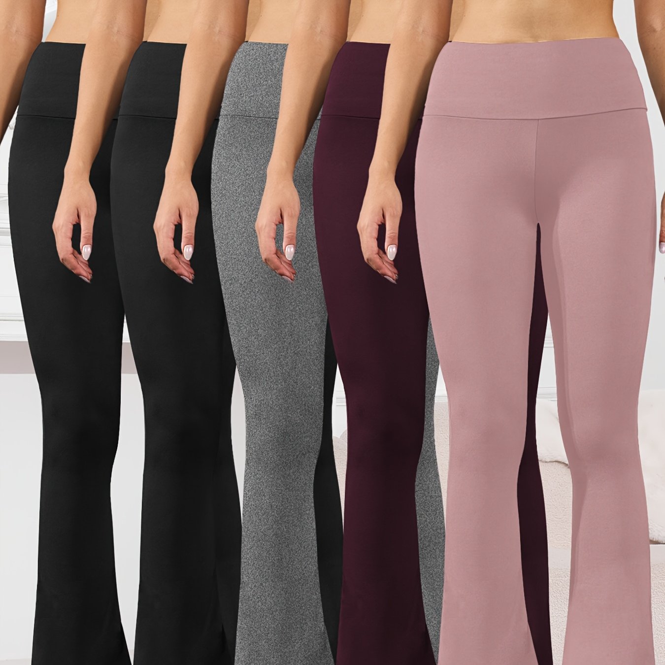 5pcs Women's Ultra-Soft High-Waist Flare Leggings - Tummy Control, Stretchy Bootcut Pants for Cycling & Sports, Available in 2 Colors