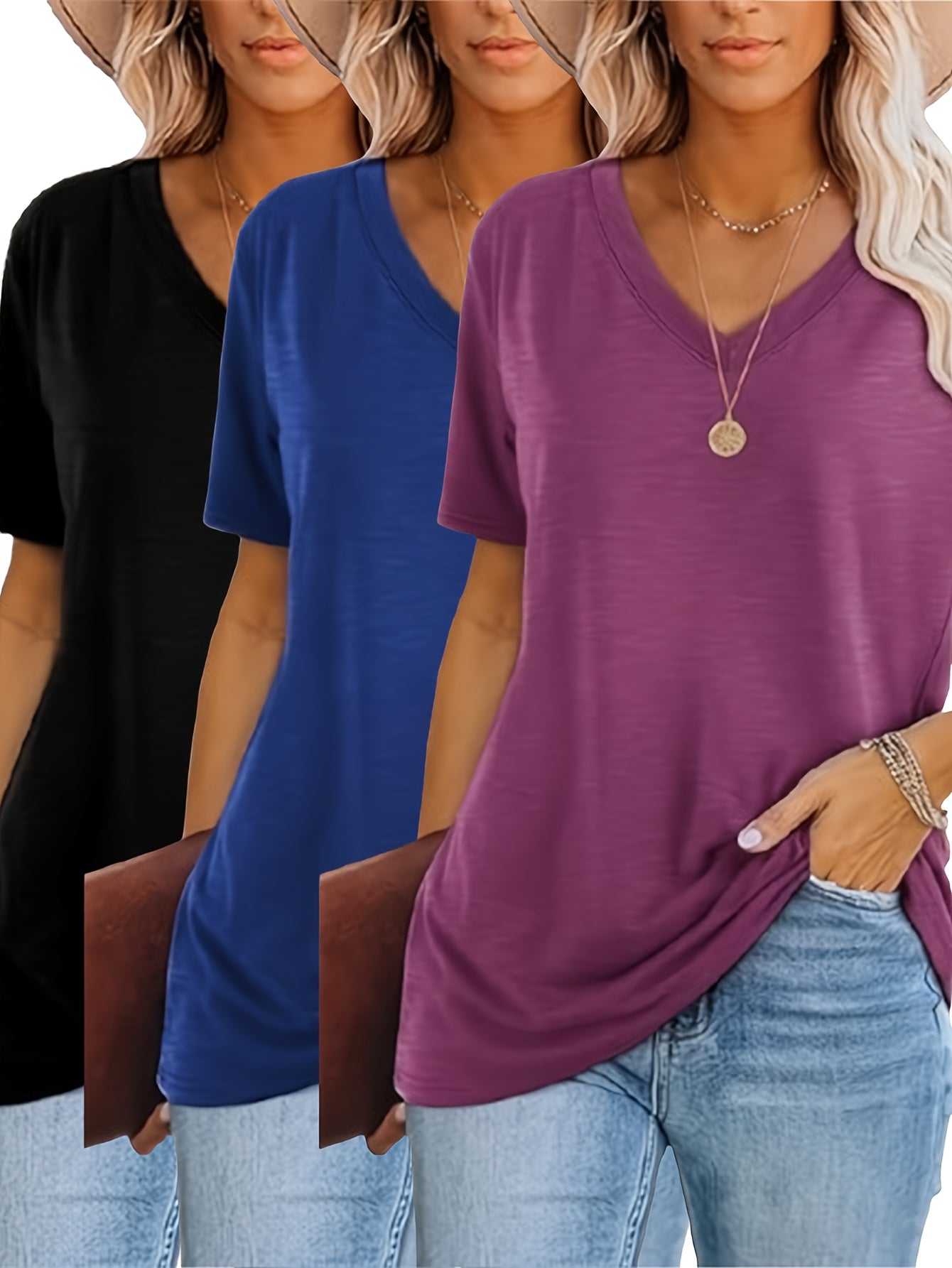 [Fashion T-Shirt] Three-Piece V-Neck Short Sleeve T-Shirt Set | 2025 European and American Fashion Casual Loose Women's