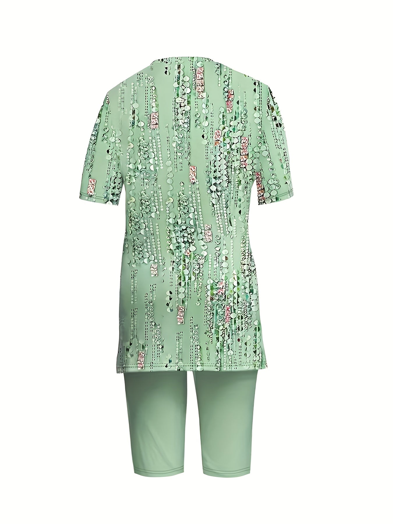 Women's Casual Two-Piece Set, Floral Print Short Sleeve with Round Neck and Side Slit, Fashionable Crop Top and Slim-Fit Pants, Comfort Fit for Spring/Summer Regular Outfit