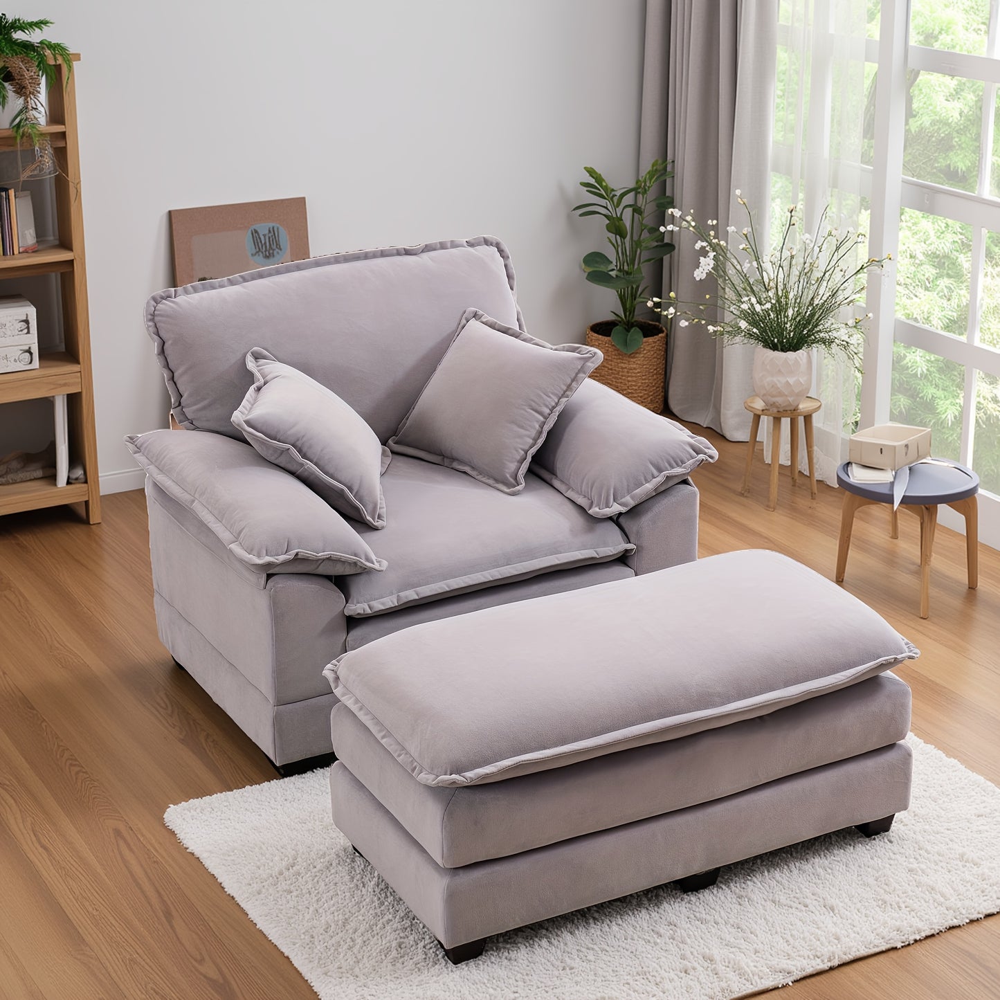46.9 Inch Velvet Single Sofa with 2 Folding Pillows And An Ottoman, Comfort Sofa - Living Room Apartment Deep Seating Sofa, Upholstered Recliners