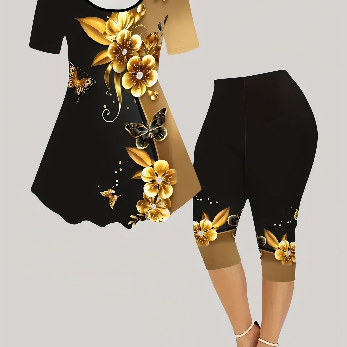 Floral Print Fashion Set - Women'S Casual Short Sleeved Top And Cropped Pants Set, Comfortable And Elastic