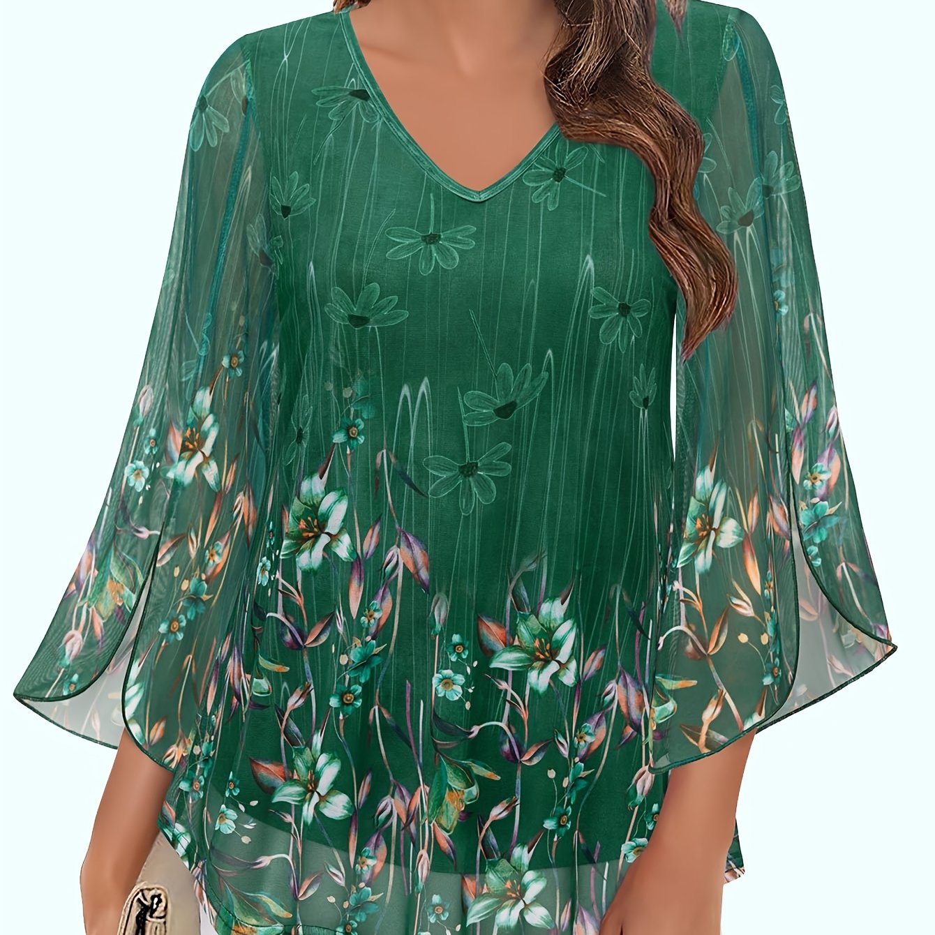 [Floral Blouse] Floral Print V-Neck Blouse | Women's Loose Fit Flowy Tunic Top with 3/4 Ruffle Sleeves & Double Layer Mesh Overlay - Semi-Sheer Lightweight Polyester-Spandex Blend for Spring/Summer Casual & Formal Outings
