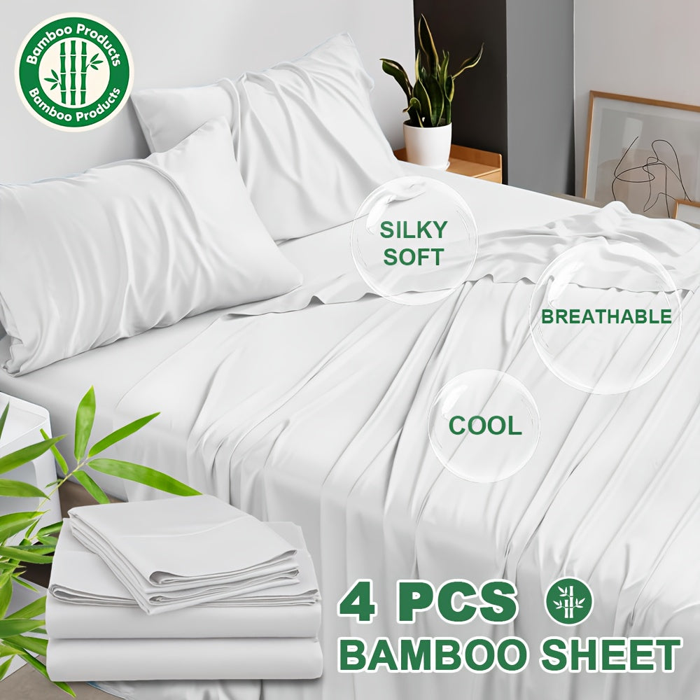 4pcs Cooling Bamboo Blend Bed Sheet Set, Deep Pocket 20" Bed Sheet, Creating A Five Star Hotel Like Luxurious Experience, Deep Pockets (Up To 20"), Wrinkle, Fade, Fitted Sheet+Flat Sheet+Pillowcase