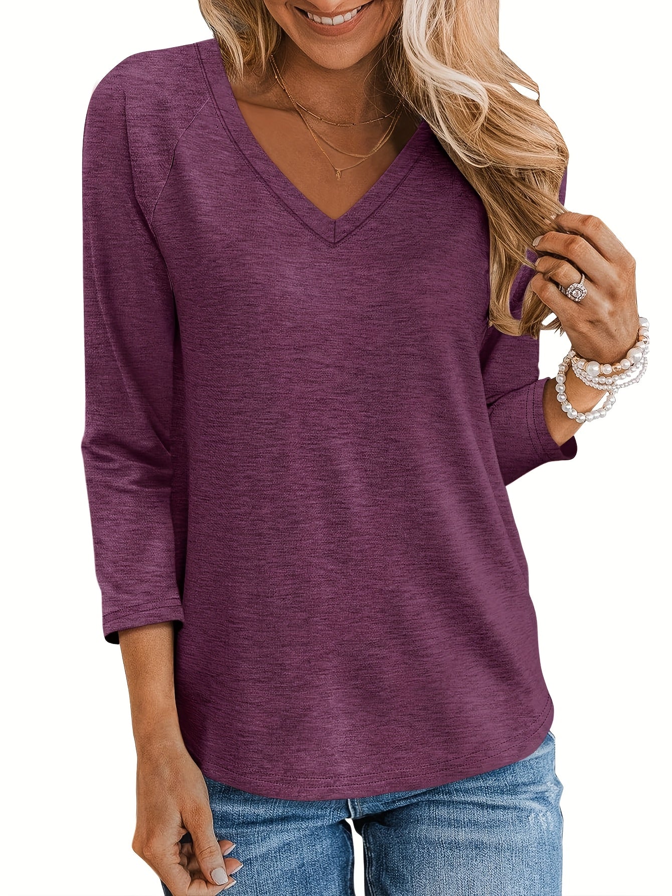 Three-piece Women'S 3/4 Long-sleeved Top, Fashionable Ladies' Casual Loose Shirt, V-neck T-shirt