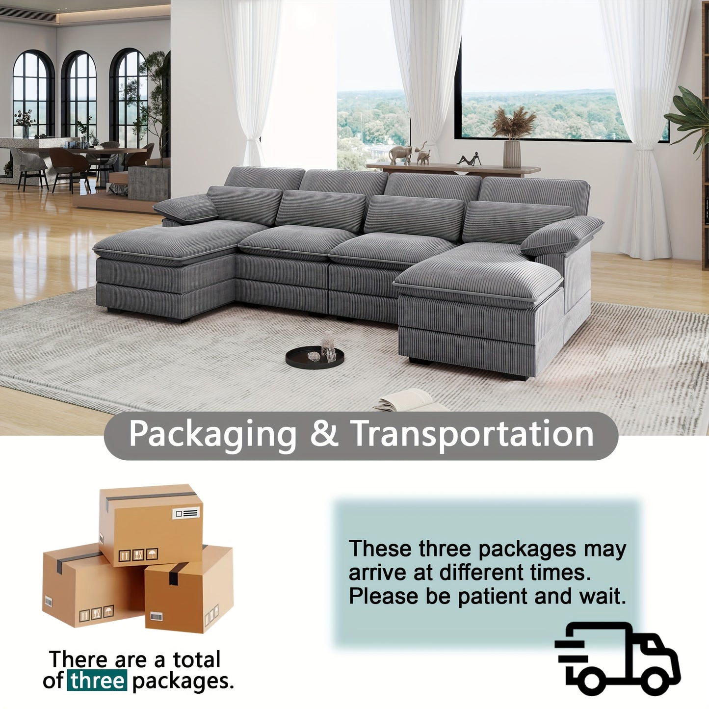 [Comfort Cloud Sofa] Comfort 4 Seater U-Shape Combo Sofa, 111.8'' Modern Deep Seat Cloud Sofa with Lumbar Cushion | Corduroy Living Room Sofa for Apartments, Apartment Homes