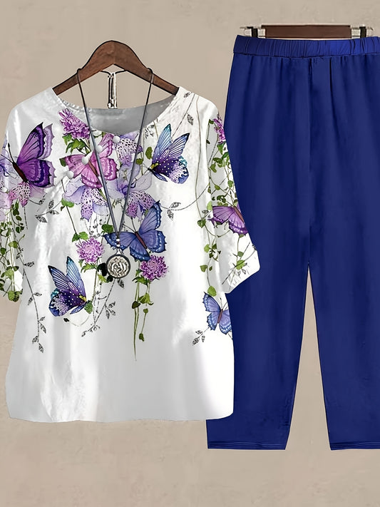 New Women's Floral Print Casual Round Neck Half Sleeve Top with Solid Color Loose Straight Pants Two-Piece Set