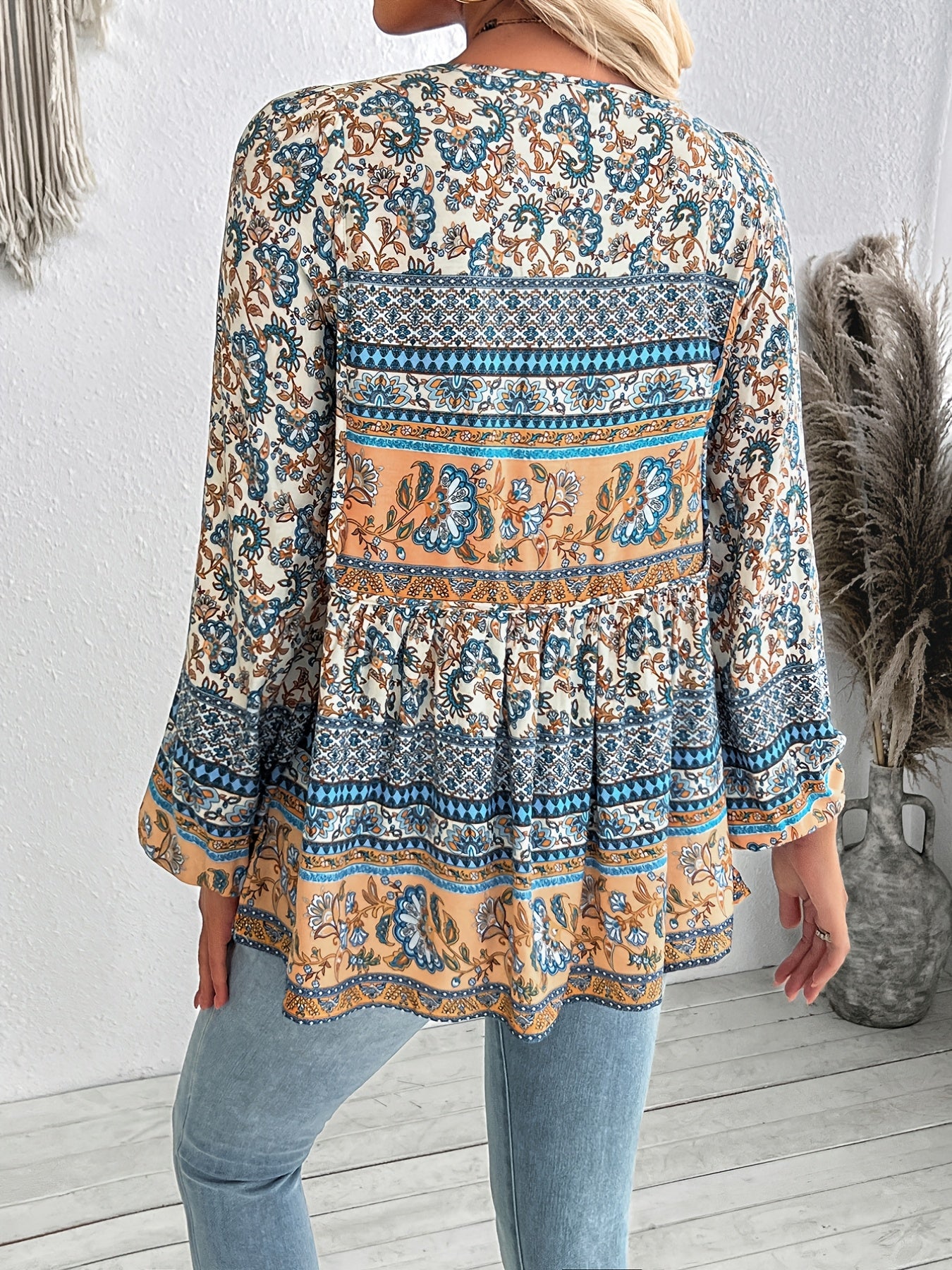 ZAFUL Women'S Lace-up Pendant Tassel Bohemian Print Shirt Top, Long Sleeve Loose Casual T-shirt