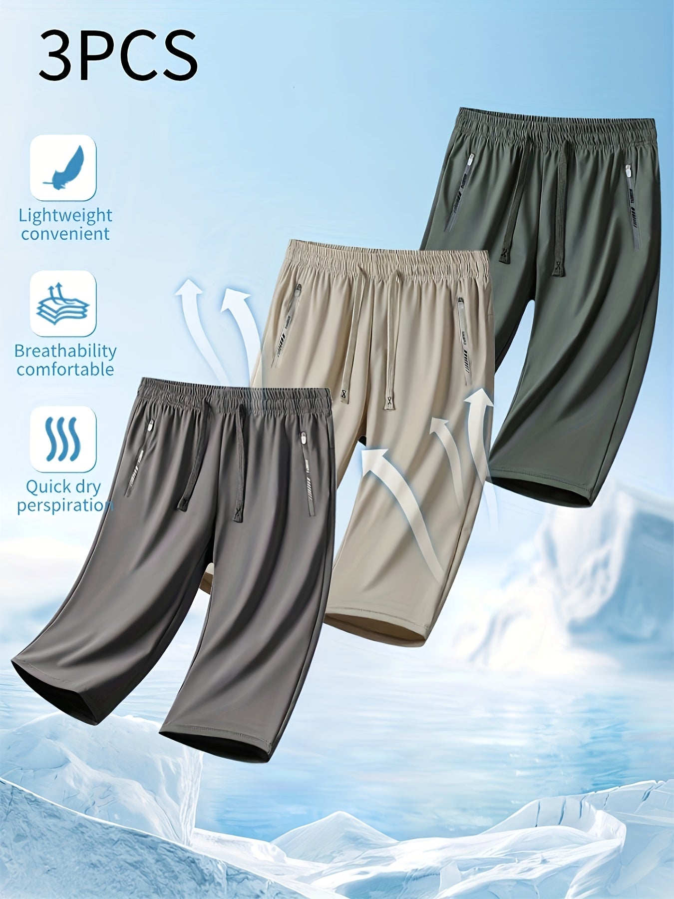 Three Pairs Of Summer Women's Shorts, Women's Solid Color 3/4 Pants, Elastic Drawstring At The Waist, Diagonal Zipper Pocket, Nylon And Spandex Medium-elastic Fabric Pants, Ice Silky Quick-drying Sports Pants, Women's Pants