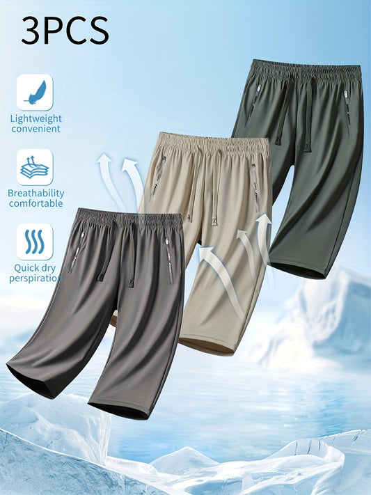 Three Pairs Of Summer Women's Shorts, Women's Solid Color 3/4 Pants, Elastic Drawstring At The Waist, Diagonal Zipper Pocket, Nylon And Spandex Medium-elastic Fabric Pants, Ice Silky Quick-drying Sports Pants, Women's Pants