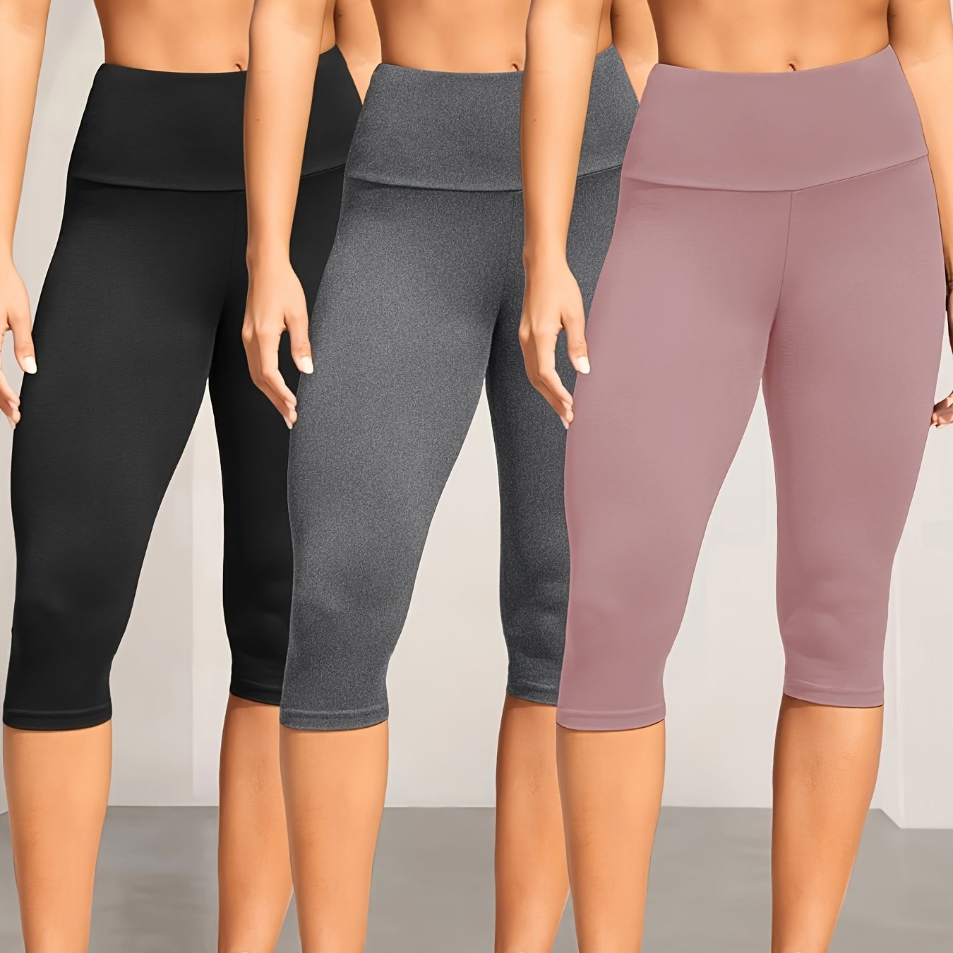 3-Pack Women's High Waisted Tummy Control Yoga Capri Pants - Super Soft Non-See Through Workout Leggings, High-Elasticity Machine Washable Solid Color for Running, Gym & Casual Wear (Spring/Summer/Fall)