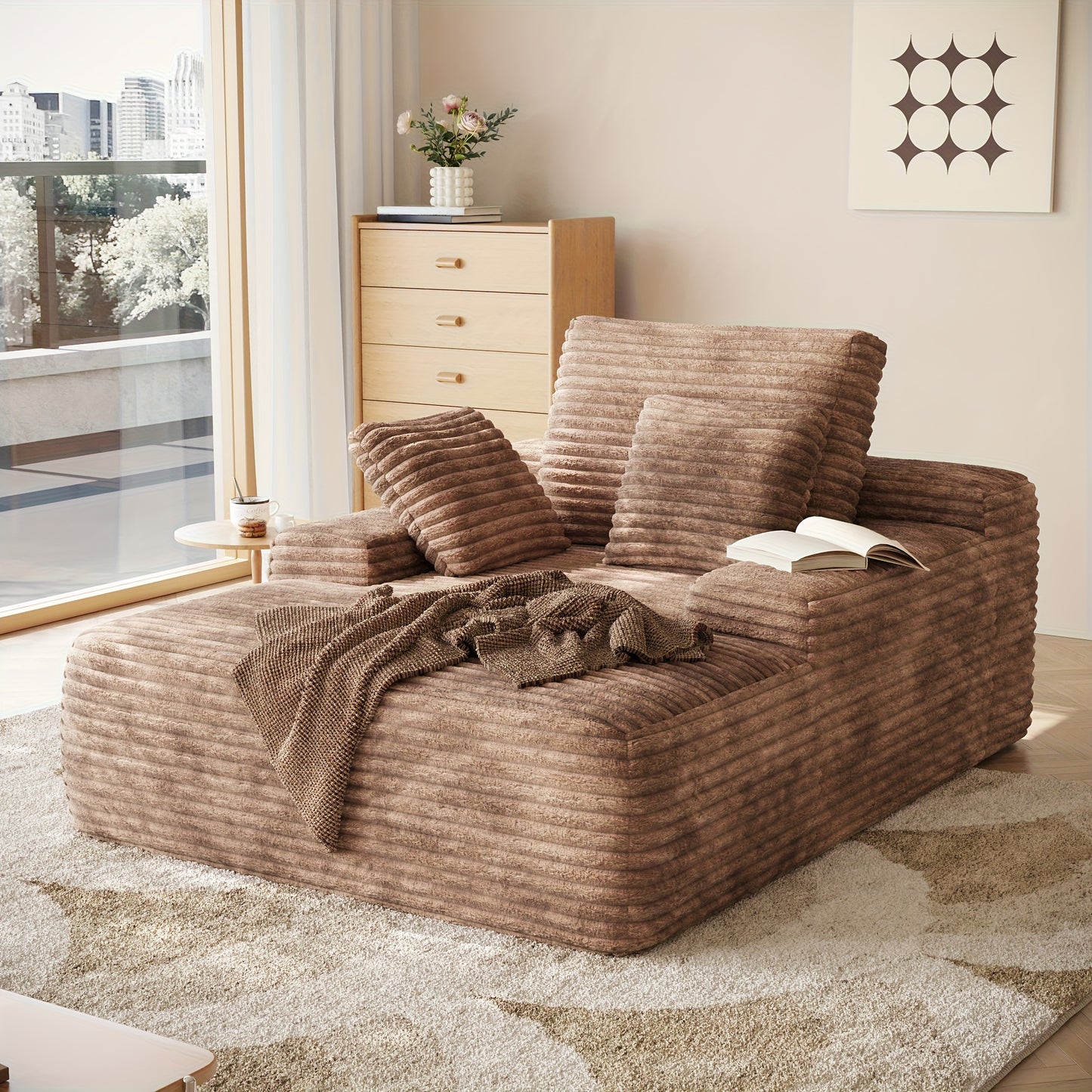 67" Oversized Chaise Lounge Chair Sofa Bed with Corduroy Upholstery - No Assembly Required, Plush Cloud Sleeper with Throw Pillows, Deep Seat & Wide Armrests, High-Density Foam Base, 1000lb Weight Capacity, Modern Luxury Slee