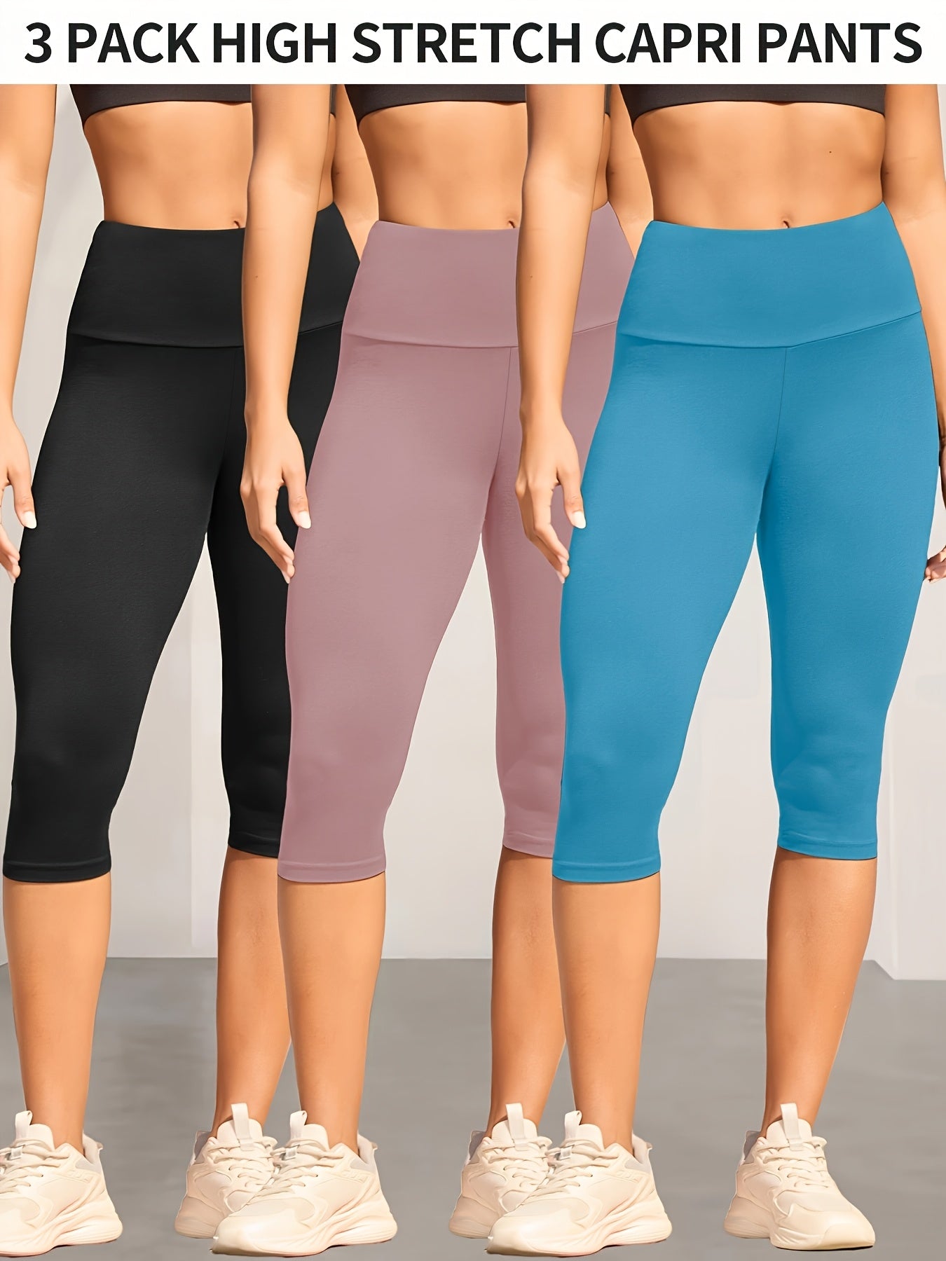 3-Pack Women's High Waisted Tummy Control Yoga Capri Pants - Super Soft Non-See Through Workout Leggings, High-Elasticity Machine Washable Solid Color for Running, Gym & Casual Wear (Spring/Summer/Fall)