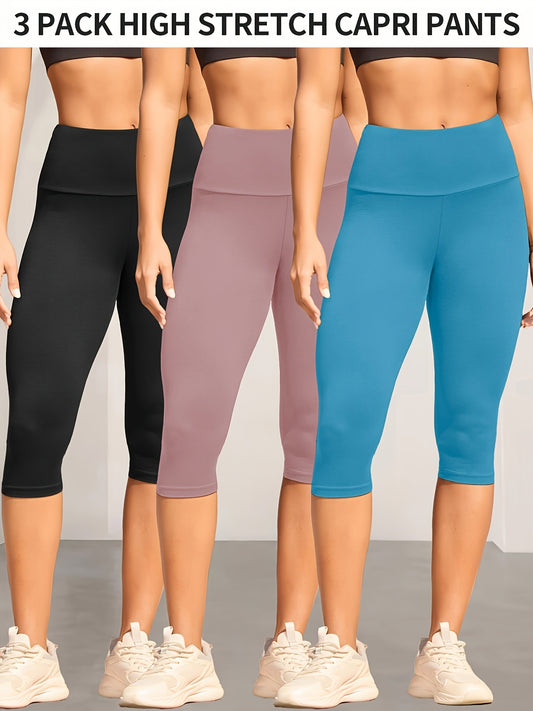 3-Pack Women's High Waisted Tummy Control Yoga Capri Pants - Super Soft Non-See Through Workout Leggings, High-Elasticity Machine Washable Solid Color for Running, Gym & Casual Wear (Spring/Summer/Fall)