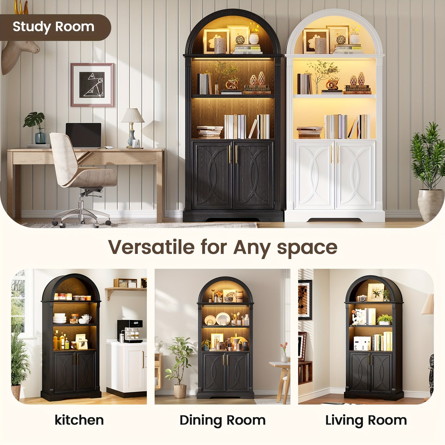 HWB 71" Tall Arched Kitchen Pantry Cabinet with LED Lights - Adjustable Shelves, Open Storage for China, Books & Kitchenware, Modern Wood Cabinet