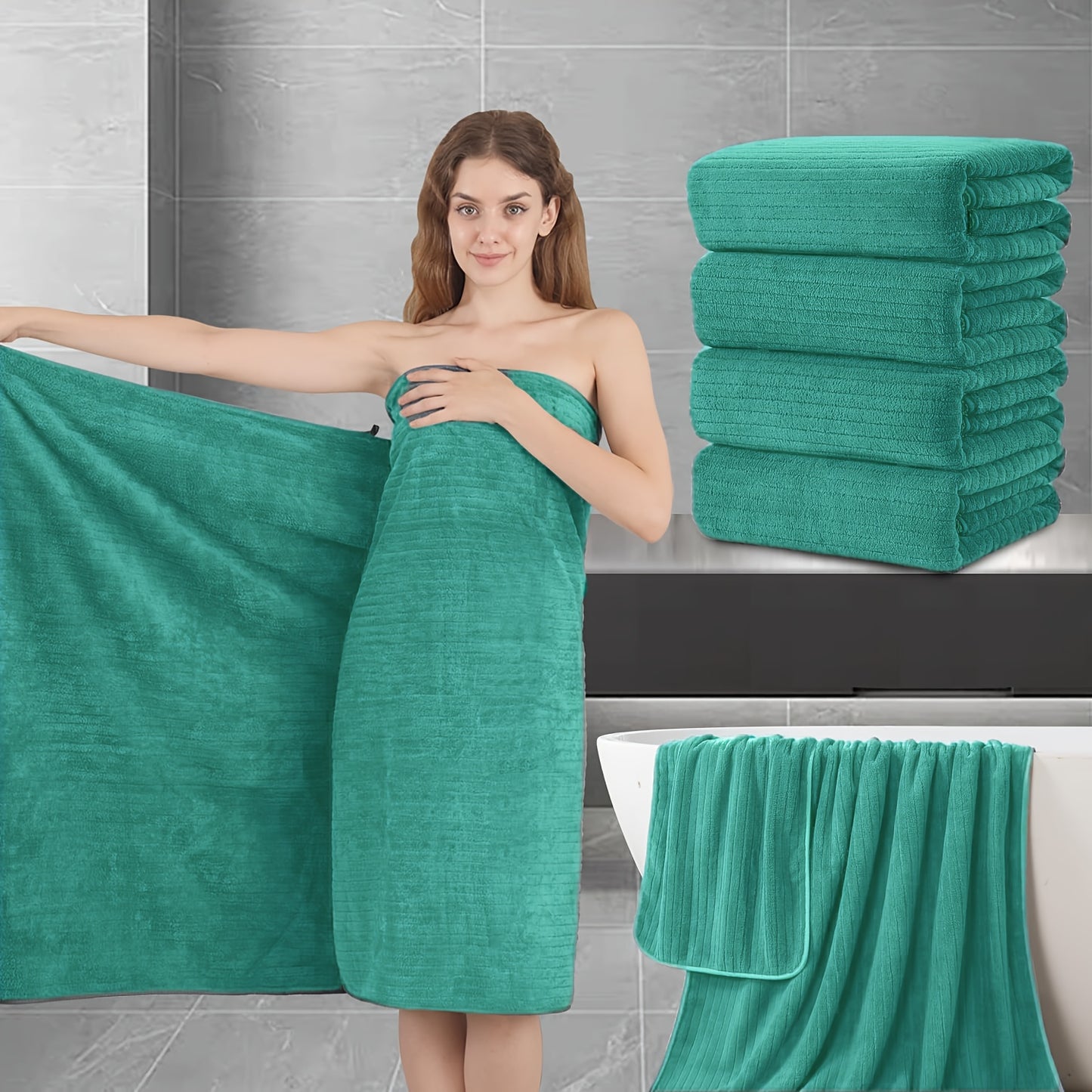 4pcs Shower Towels (Oversized) - Extra-Large Size, Microfiber Material, Soft & Fluffy + Highly Absorbent & Quick-Drying, Suitable for Bathroom/ Hotel/ Spa Use