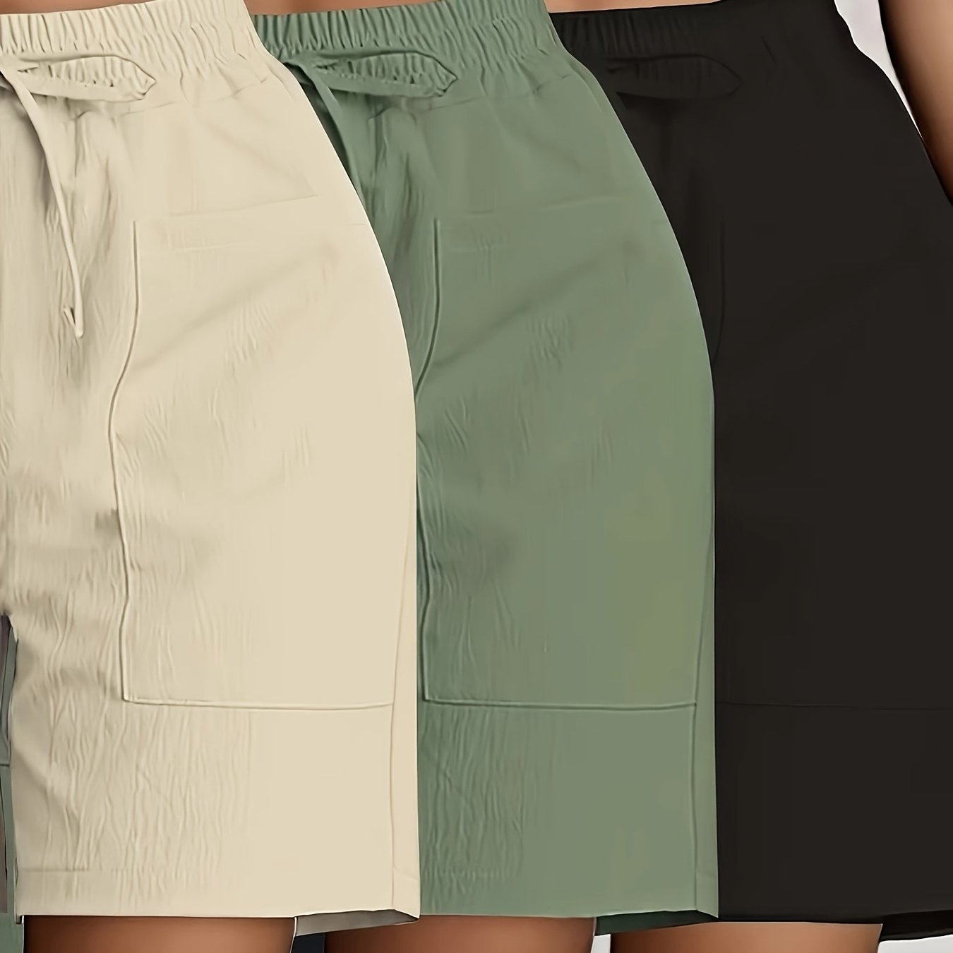 3pcs Women'S Solid Color Elastic Waist Shorts - Casual Sporty Five-Pocket Shorts in Beige, Olive Green, and Black, Summer Essentials, Casual Wear|Casual Style|Functional Pockets