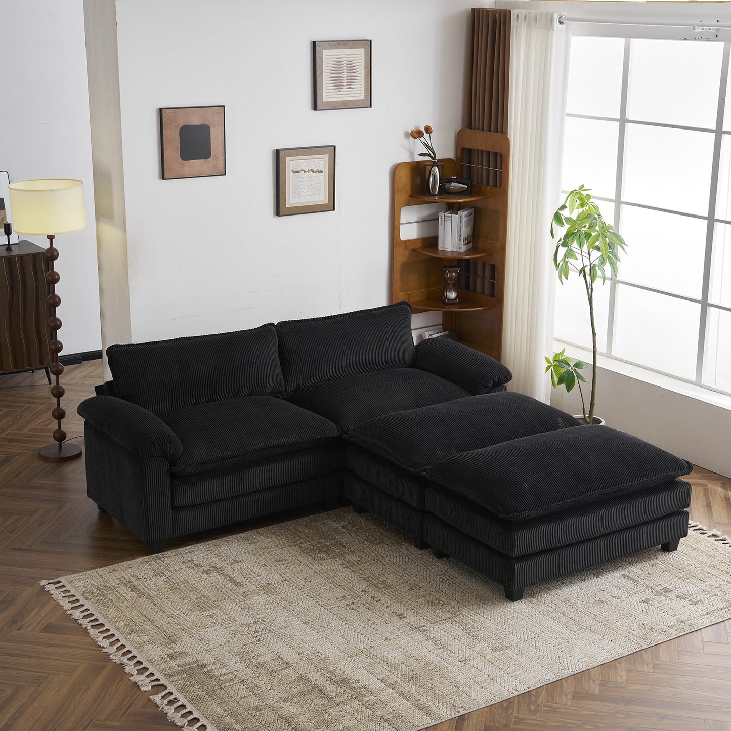 [Modern Cloud Sofa] MOTOOS 90.16 Inch Modern Corduroy Combination Cloud Sofa with Two Footstools, Double Layer Soft Cushion Double Sofa, Comfortable Sofa Bed, 2 Pillows and Removable Armrests