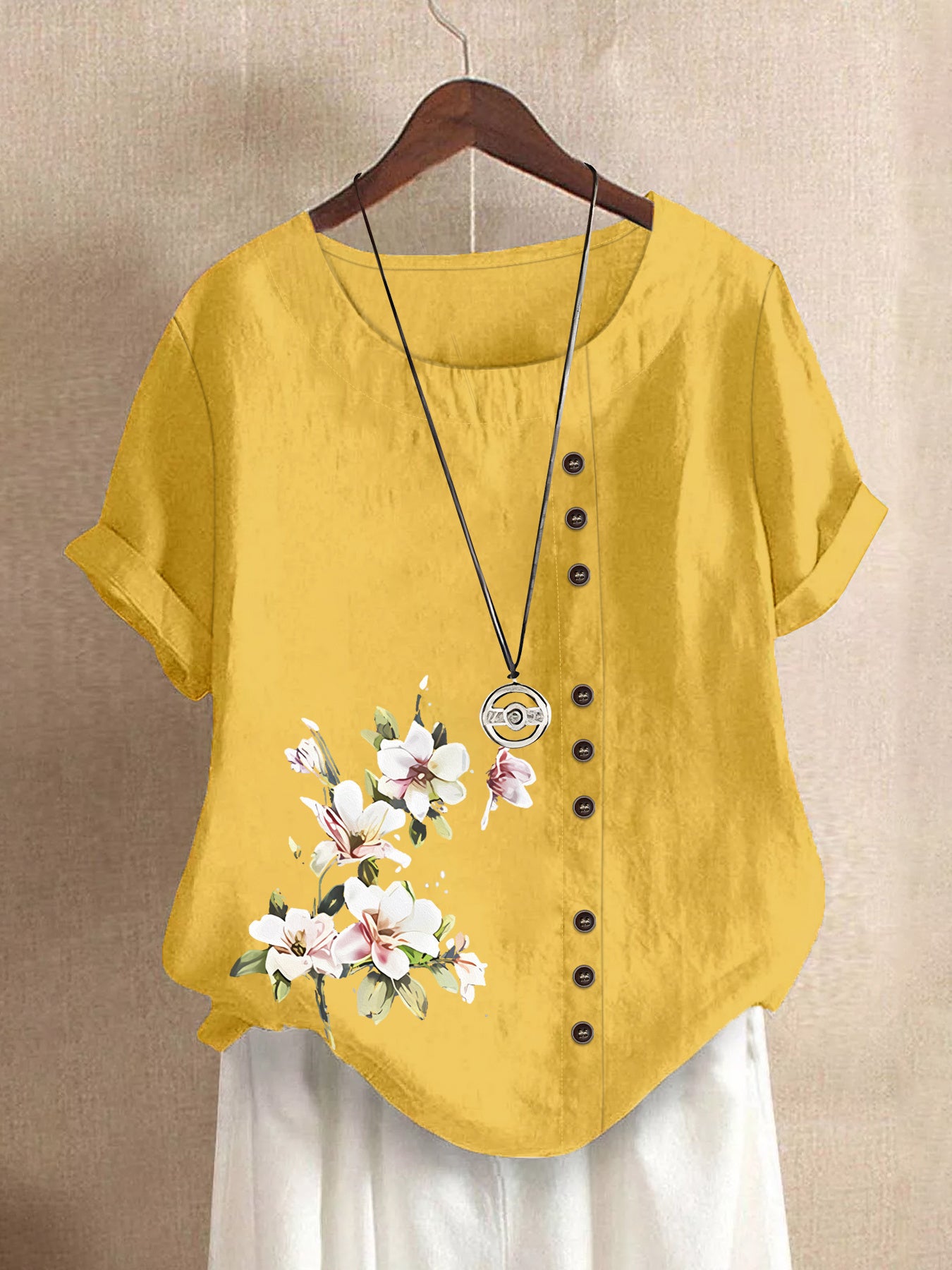 Women'S Relaxed Fit Short Sleeve Blouse with Floral Pattern - Navy Blue, Round Neck, Button-Up, Casual Style, All-Season Wear, Casual Wear Blouse | Floral Pattern Top | Durable Fabric, Ladies T Shirts