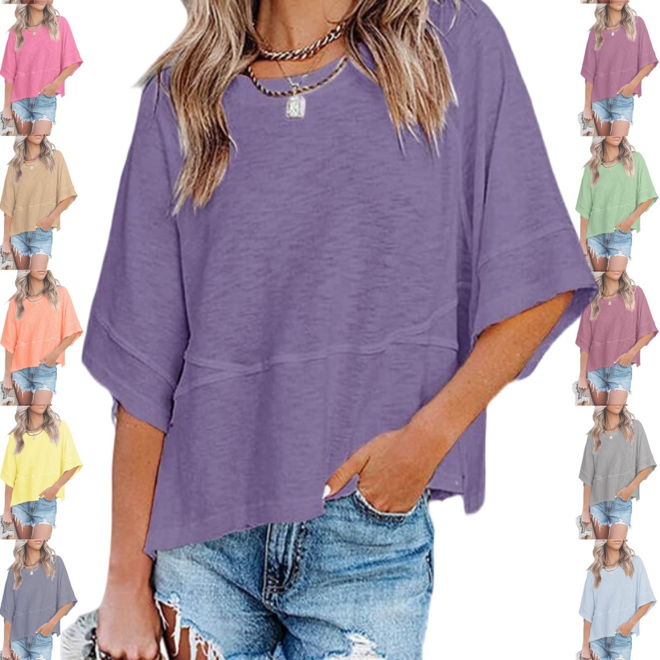 Women's Casual Summer Batwing T-Shirt - Loose Fit Half Sleeve Crewneck Top, Solid Color Flowy Blouse, Cute & Comfortable Machine-Washable Basic Tee for Casual Attire, Ladies T Shirts, Relaxed Summer Top, Simple Stylish Top, S