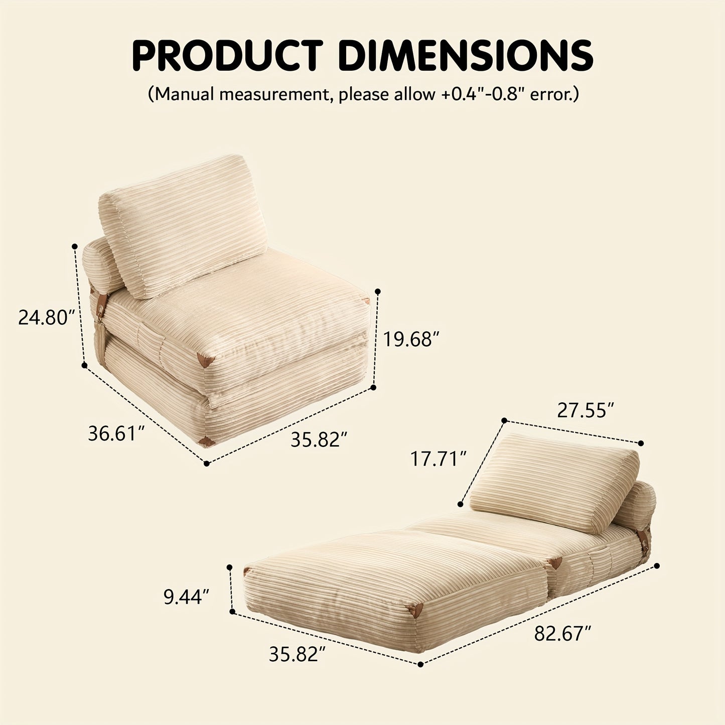 36", 83" Sleeper Couch No Assembly Required, Corduroy Convertible Chair Bed/ Single Folding Sofa Bed With Pillow, Space-Saving Sleeper For Small Bedrooms, Versatile Seating/Minimalist Interior Decor/Upholstery (Use Against Th