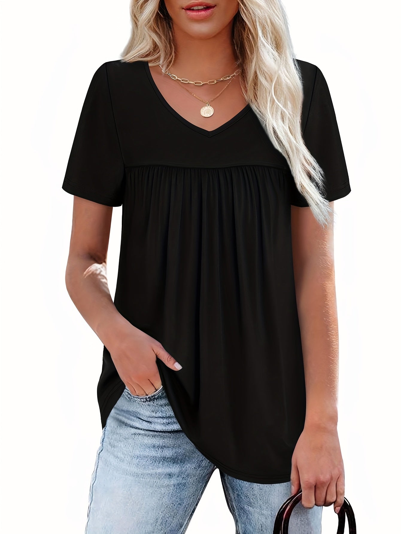 Three-Piece Women's Short Sleeve Pleated Elegant Casual V-Neck Ruffle T-Shirt Set for Spring/Summer