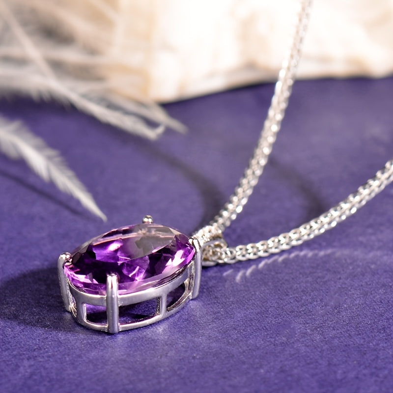 925 Silvery Natural Amethyst Pendant, with 925 Silvery Necklace, Suitable for Women, Simple and Elegant, Exquisite and Fashionable Necklace, Elegant, Temperament, High-end, Holiday Gift, Valentine'S Day Gift, Mother'S Day Gif