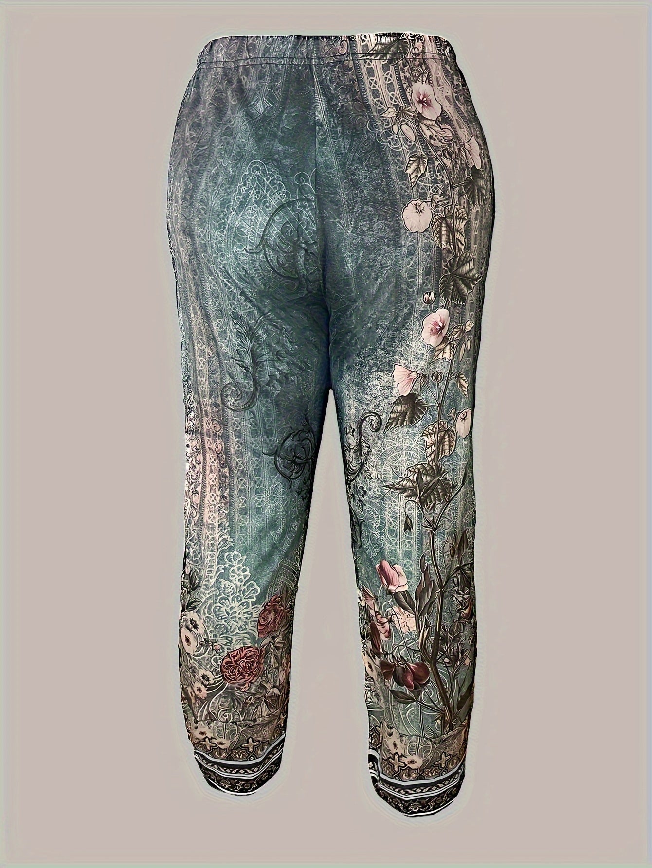[Floral Print Palazzo Pants] Plus Size Floral Print Palazzo Pants | High Waist Wide Leg Cropped Pants, Soft Polyester Casual Summer Pants for Women, Lightweight & Breathable, Perfect for Casual Attire, Allseason Pants