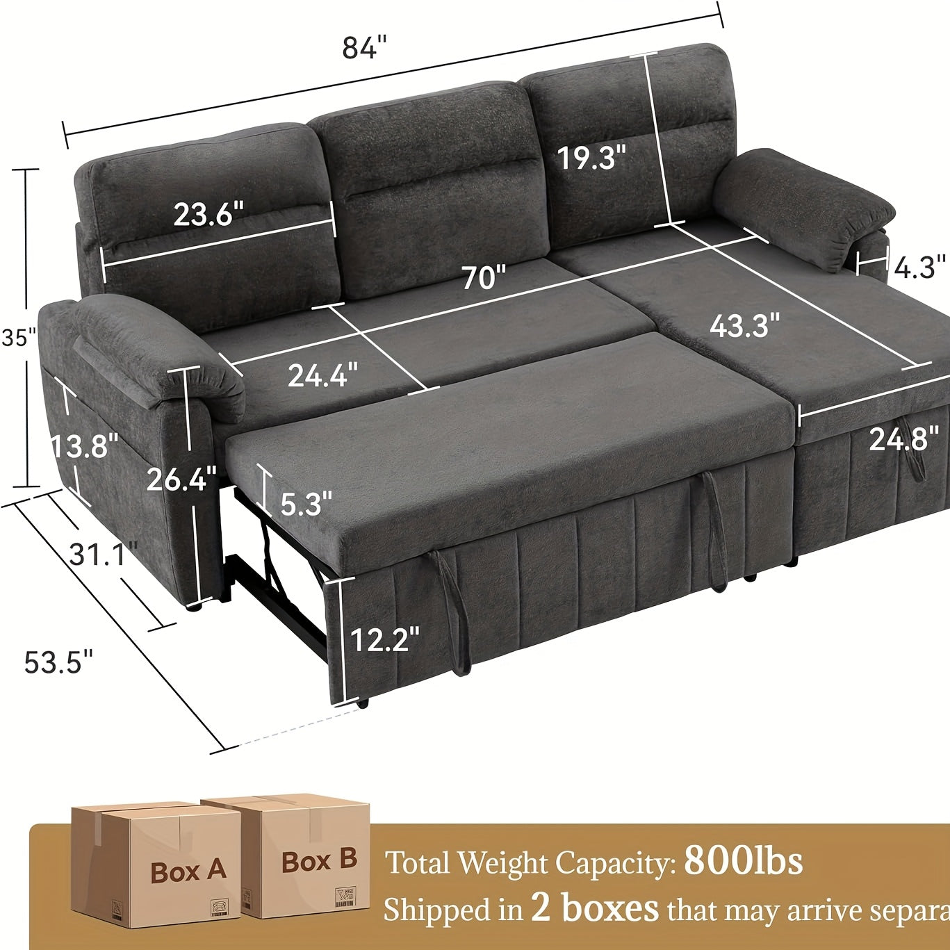 Chenille 84' Queen Sleeper Sofa Couch With Pullout Bed, Cloud Sofa Bed Couch With Chaise, Convertible Sofa Bed, Built-in Large Hidden Storage Space, Pull Out Sofa For Living Room, Small Spaces