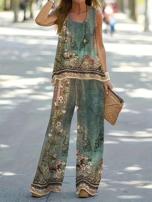 [Floral Print Two Piece Set] Floral Print Two Piece Set - Women's Sleeveless Summer Vest And Pants Casual Set