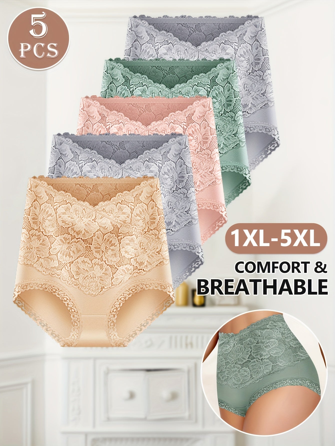 5pcs MEIYATING Women's High-Waisted Lace Trim Underwear - Elegant Floral Pattern, Breathable Nylon Blend, Comfort Fit, Sizes 10XL-5XL, Hand Wash Only